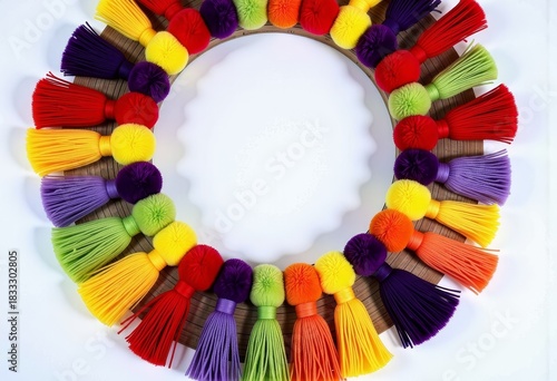 Vibrant Circular Arrangement of Multicolored Tassels Displayed in a Symmetrical Fashion on a Neutral Background for Bright Decorative Appeal