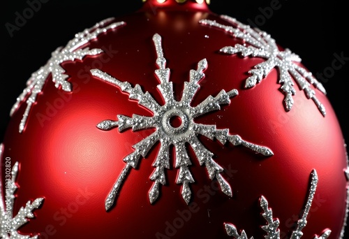 Close-up of a Glittering Red Christmas Ornament with Intricate Silver Snowflake Decoration Highlighted Against a Dark Background