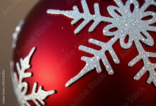 Close-Up of a Red Christmas Ornament Adorned with Glittering Silver Snowflake Patterns and Dew-like Droplets, Capturing Festive Holiday Spirit