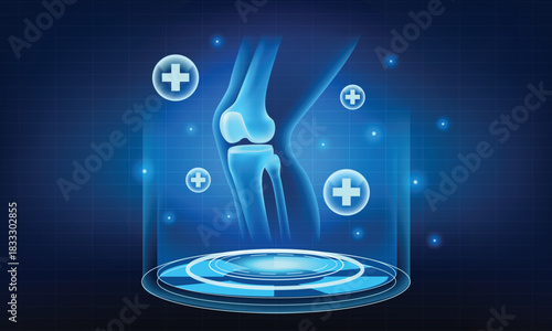 Futuristic Knee Joint Scan with Healing Symbols. 3D Hologram Anatomy and Glowing Medical Plus Signs