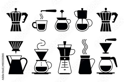 Various coffee brewing methods in black and white vector illustration