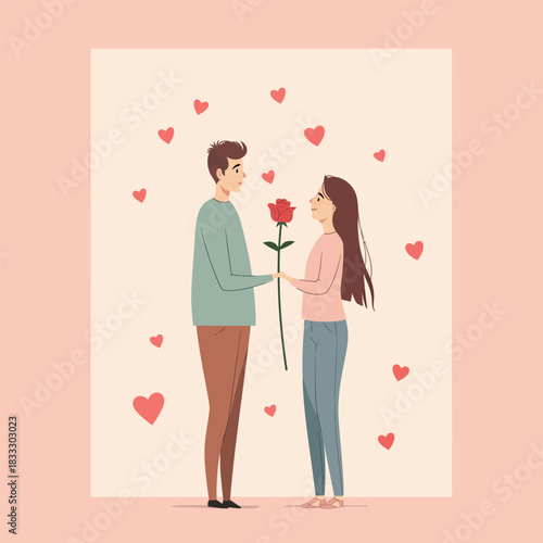 Young couple in love, boyfriend giving red rose to girlfriend, flat romantic illustration with hearts, Valentine's Day greeting card design on pastel background

