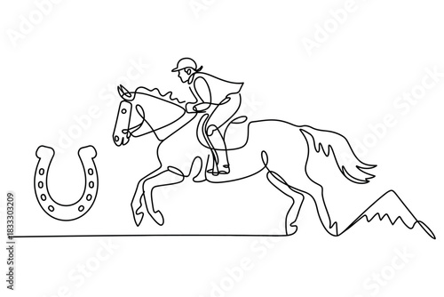 Continuous line drawing of horse and rider jumping over obstacle with horseshoe near