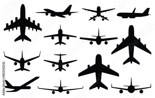 Airplane Silhouette Set in Clean Vector Illustration Featuring Various Aircraft in Flight and Landing Positions with Modern Aviation Shapes for Travel, Transport Graphics, and Aerospace Design Use
