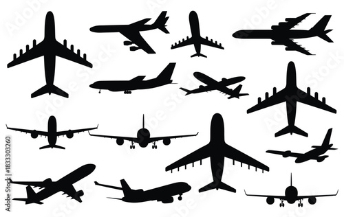Airplane Silhouette Set in Clean Vector Illustration Featuring Various Aircraft in Flight and Landing Positions with Modern Aviation Shapes for Travel, Transport Graphics, and Aerospace Design Use