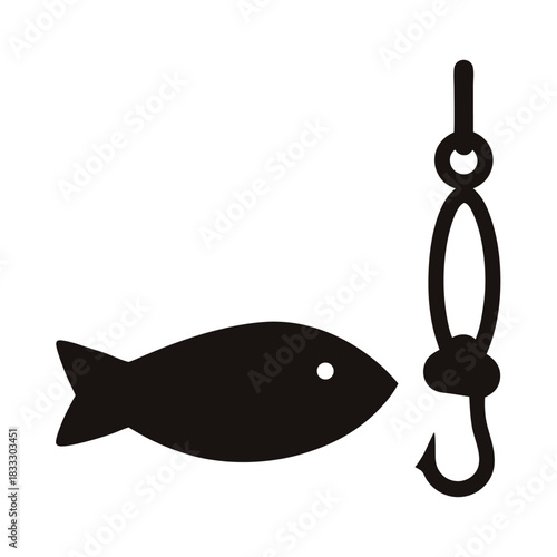 Icon of a fish approaching a fishing hook, bait and tackle concept