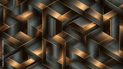 Interlocking metallic geometric structure with warm lighting