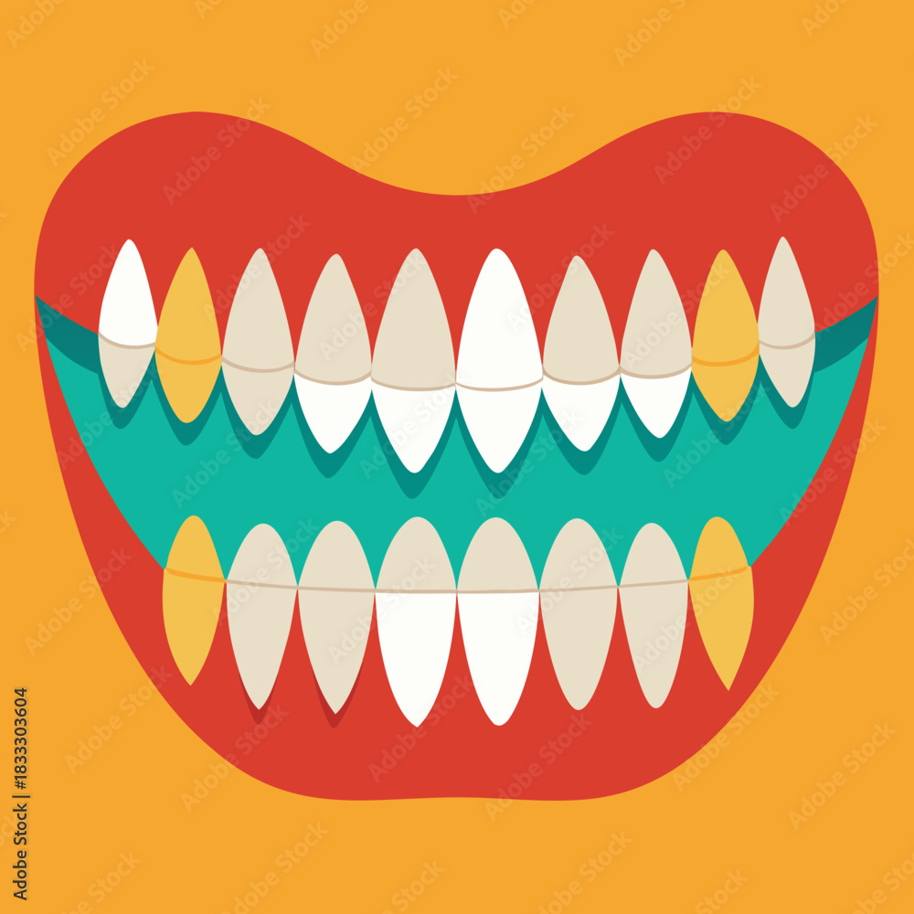 Obraz premium Bold cartoon smile with teeth, perfect for dental health campaigns, pediatric dentistry, or fun oral hygiene education, conveying a playful, approachable, and engaging message