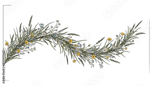 Colorful black outline realistic art of a flowing minimal botanical border with wild grasses and small flowers, elegant line illustration, natural design