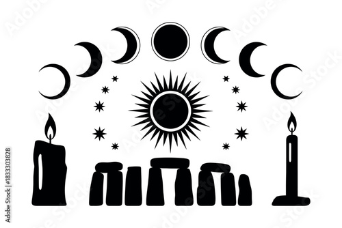 Black and white illustration of stonehenge with sun moon and stars