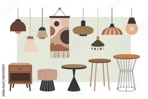 A collection of hanging lamps and small tables are displayed on a light background.