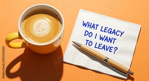 A thoughtful pause with a warm coffee and a napkin prompting the profound question what legacy do i want to leave