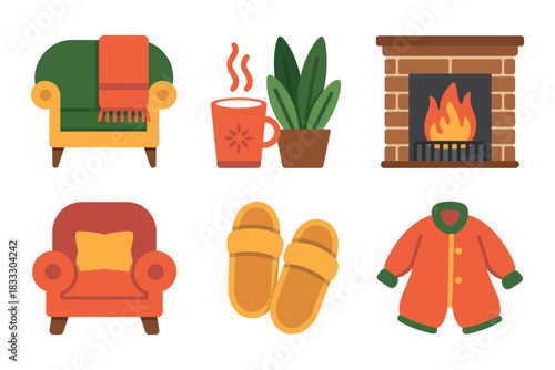 Illustration of cozy indoor items including fireplace and armchairs