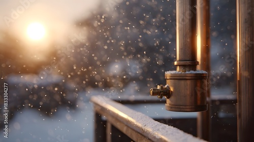 A copper distillation apparatus outdoors in falling snow with a warm sunset