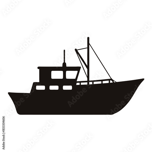Silhouette of a fishing boat with mast and cabin on white background