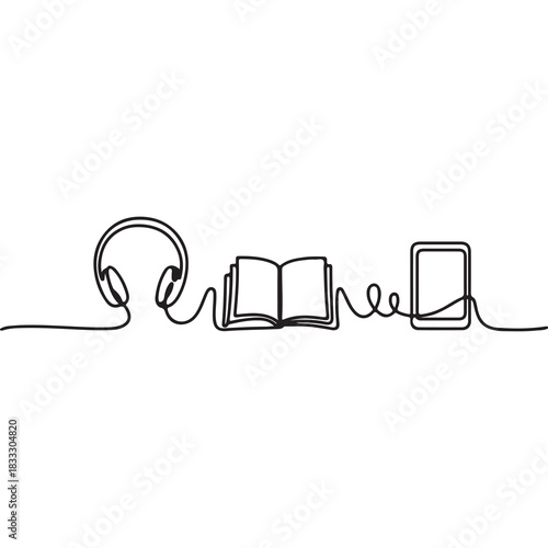 Continuous One Line Drawing of Headphones, Open Book, and Smartphone