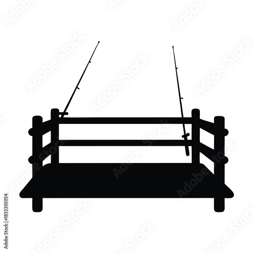 Silhouette of fishing platform with rods leaning on the railings on white