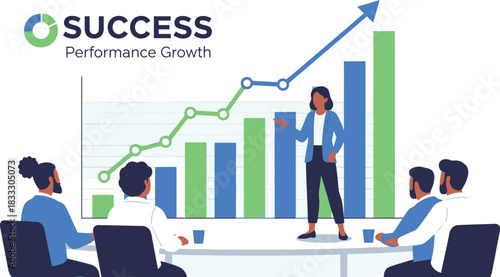 Diverse team collaborates as a leader presents a successful growth chart in a modern office.
