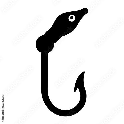 Fishing Hook with Worm Bait in Black and White Graphic Illustration