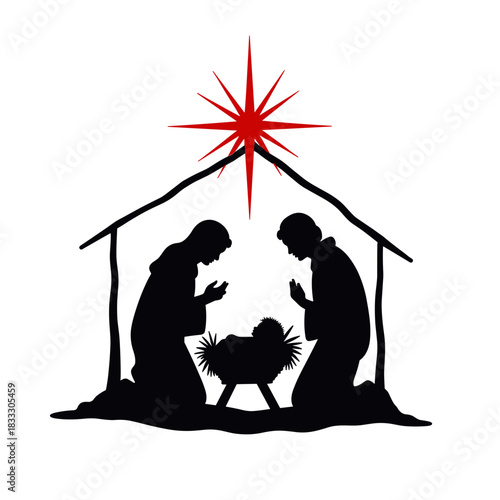 Silhouette nativity scene with baby Jesus Mary and Joseph in flat vector style for Christian Christmas themes and holy night symbolism - religious icon