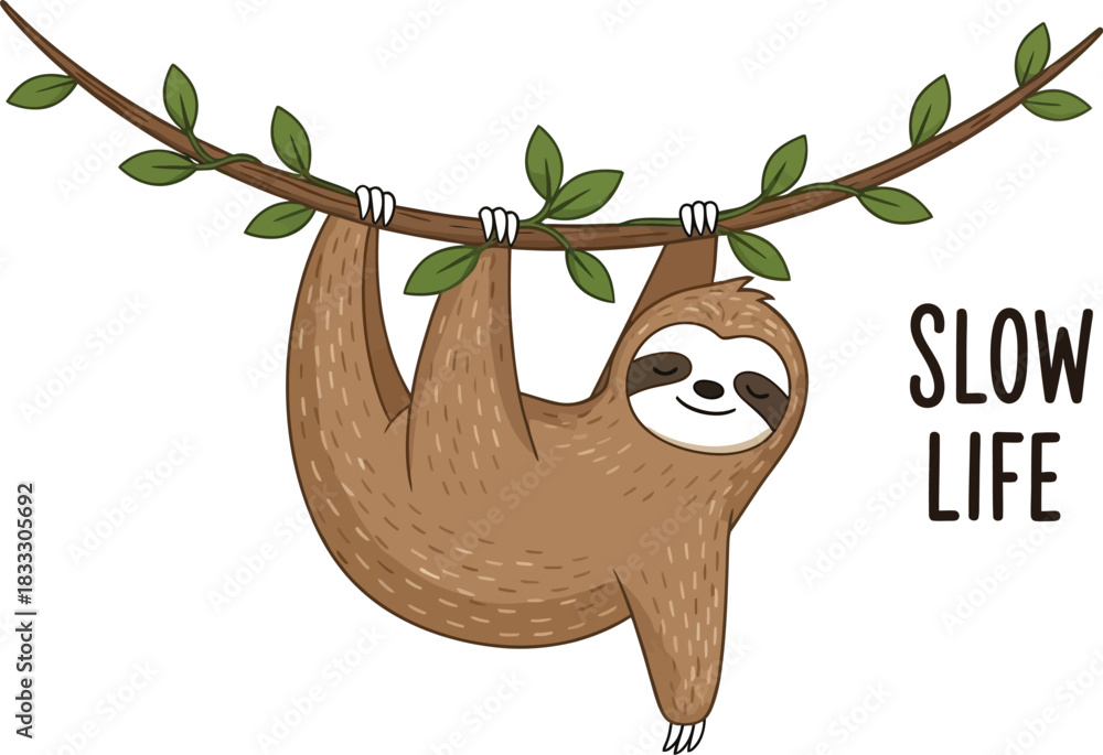 Naklejka premium Cute cartoon sloth hanging from a branch, embodying a slow and relaxed lifestyle.