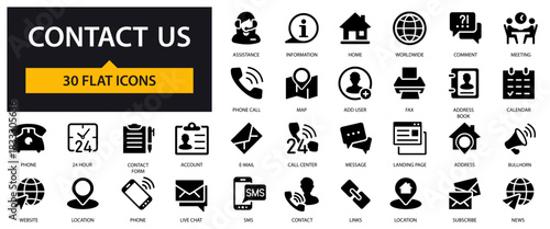 Contact us icons set. Communication, Support, Messaging, Location, Call Center and others.