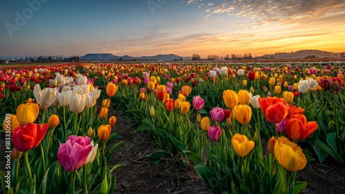 Vibrant tulip field at sunset with warm tones. AI image