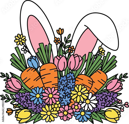 Playful bunny ears peek from a vibrant spring bouquet of carrots and colorful flowers.