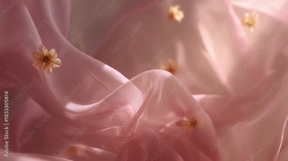 Fototapeta premium Delicate pink fabric and petals in soft breeze. AI image