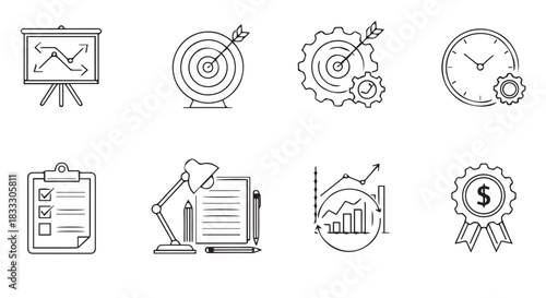 Business strategy, planning and management, and marketing development icon set representing success through goals, progress, and time management