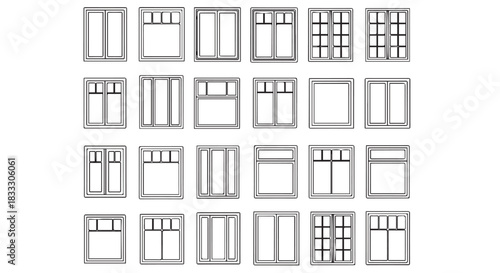 Collection of Various Window Frame Designs in Black and White Line Art, Architectural Designs Featuring Multiple Window Configurations