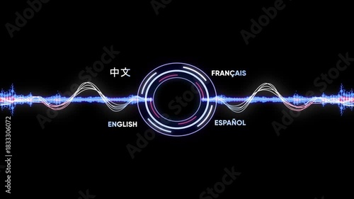 Abstract Circular Interface with Multilingual Labels and Sound Waves audio