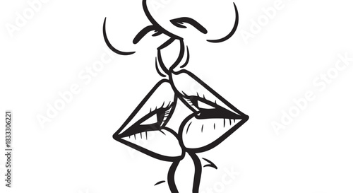 Abstract black and white depiction of two people kissing with lips, eyes, and nose intertwined gracefully