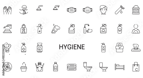 Collection of outline icons representing hygiene products and practices promoting cleanliness and personal care to prevent infection and maintain health