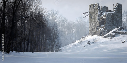 Grim winter landscape featuring snow-covered ruins of an old stone tower, surrounded by a dark, leafless forest.