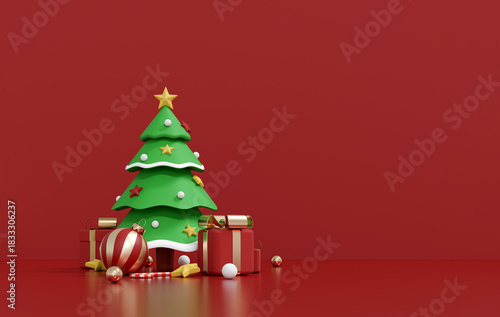 3d render of christmas tree and red gift boxes on red background with copy space