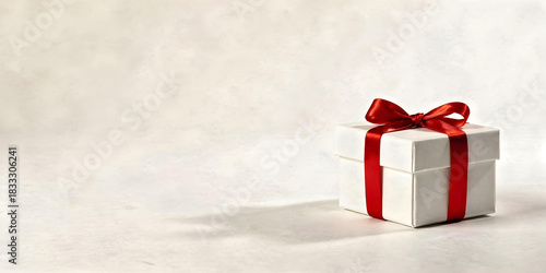 Small white gift box tied with a bright red ribbon and bow, on a light neutral background with a soft shadow.