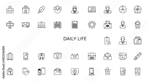 Collection of Minimalist Black and White Daily Life Icons Depicting Business, Technology, Recreation, and Routine Activities