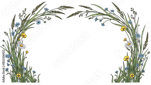 High-quality colorful black outline art of a delicate wild grass and tiny flower border, minimal botanical line design, flowing natural arrangement on white background