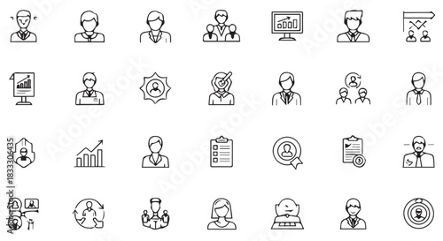 Collection of Minimalistic Business and Human Resources Icons Representing Concepts Such as Leadership, Recruitment, Teamwork and Company Growth