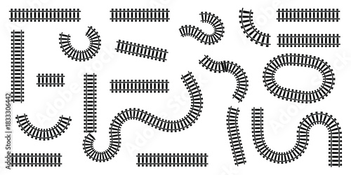 Train Track and Railway Line Icon Set in Clean Vector Illustration Featuring Subway Map Elements, Rail Road Symbols, Transport Path Graphics, and Modern Infrastructure Design Components