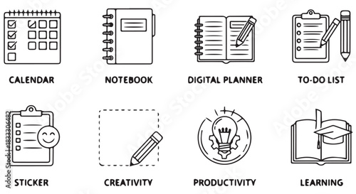 A set of outlined icons representing various aspects of organization, planning, and productivity in a modern style and minimalistic design