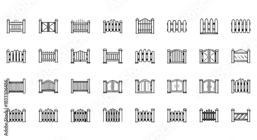 Assortment of Black and White Fence and Gate Icon Designs, Featuring Various Styles, Heights, and Ornamental Features for Construction, Design, and Fencing Needs