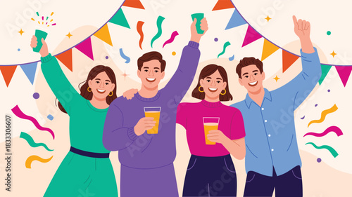 friends celebrating together at festive party with drinks, confetti and colorful decorations in cheerful modern illustration of joyful social gathering