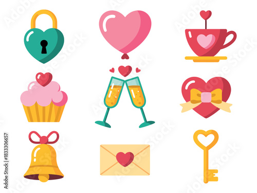 A collection of Valentine's Day symbols and icons in a flat design.