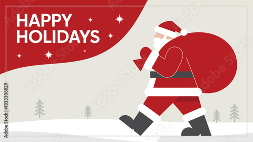 happy holidays santa claus walking with gift sack in snowy winter landscape, modern flat festive christmas illustration with red and white seasonal design