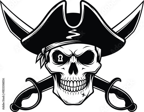 Pirate skull with crossed swords and tricorn hat, black and white nautical vector art illustration on white background.