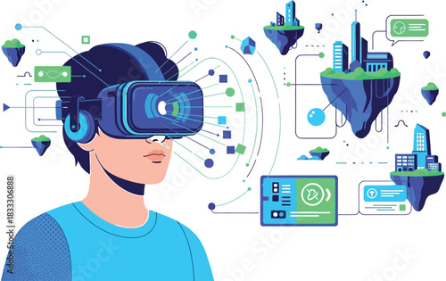 Person experiencing virtual reality with futuristic floating cities and digital interfaces connecting.