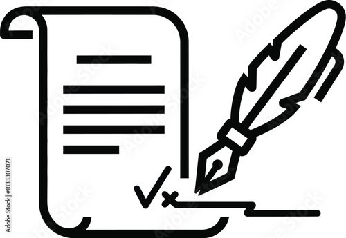 Feather quill pen signing a document with a checkmark, symbolizing agreement and legal approval.