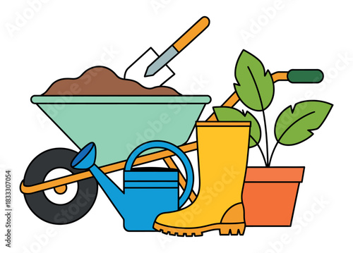A wheelbarrow, watering can, boots, and a plant represent gardening tools and activities.